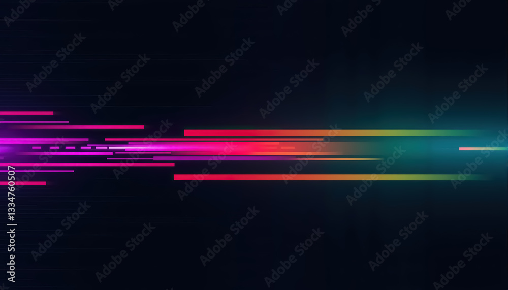 Poster horizontal stripes of light varying in color from vibrant magenta to serene teal across dark canvas