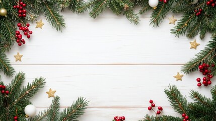 Festive Christmas Border with Green Pine Branches, Red Berries, Gold Stars, and White Baubles on Light Wooden Background with Copy Space