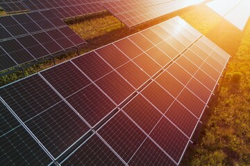 Vast array of solar panels in field creating renewable power