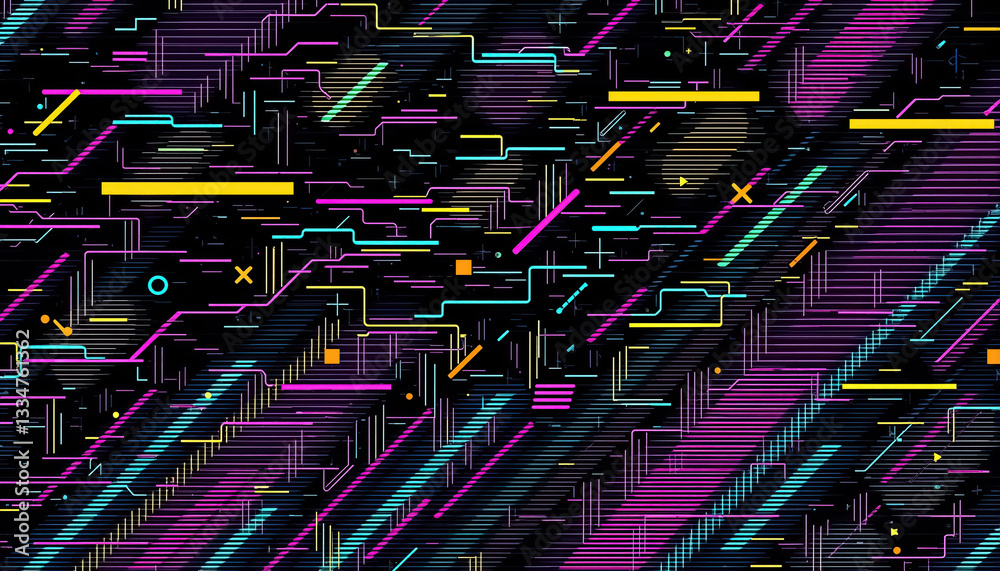 Poster Abstract circuit board design featuring vibrant lines shapes and neon colors on dark background