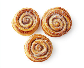 Three freshly baked, sweet swirl pastries with a light dusting of sugar on top, set against a white background.