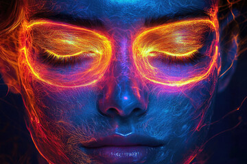 A surreal portrait of a woman's face adorned with vibrant, fiery, energy lines, eyes closed in serene expression.