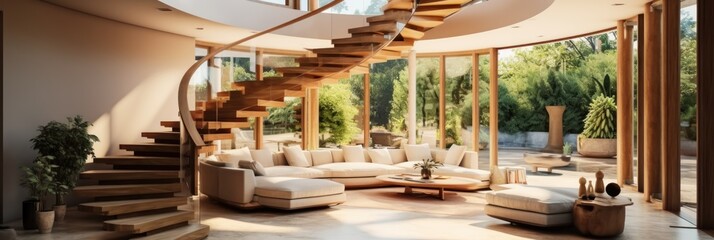 Fototapeta premium Living Room. Cozy Living Room Interior. Comfortable and Stylish Design with Soft Furnishings and Relaxing Ambiance, Home Decor Concept with Copy Space. Real Estate Concept. Hotel Concept