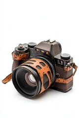 Vintage camera with leather detailing, featuring a classic design and a wide lens, perfect for photography enthusiasts.