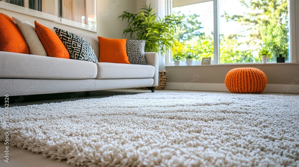 Poster this inviting living room features a plush white rug and a stylish sofa adorned with orange cushions