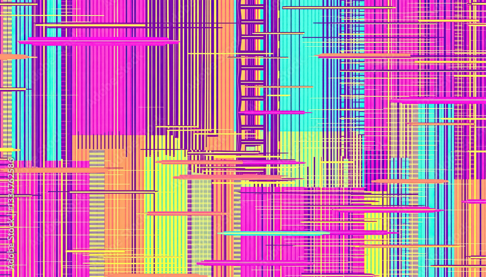 Poster Abstract glitch pattern with colorful stripes horizontal lines and checkered sections dynamic design