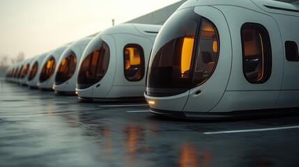 Futuristic self-driving electric pods lined up in a modern transportation hub at dawn  