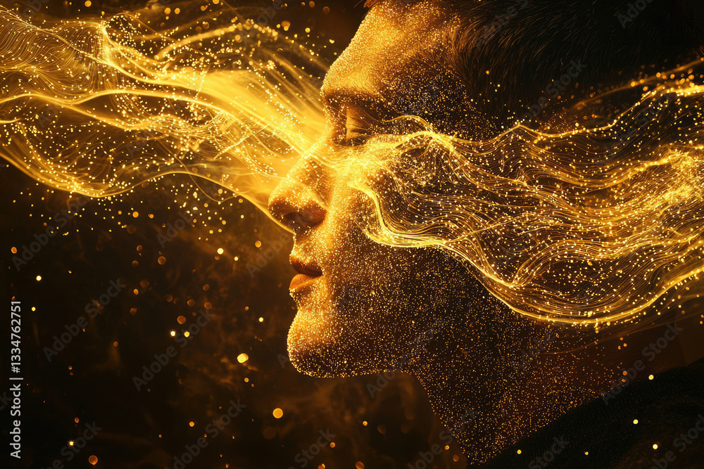 Aufkleber golden particles flowing around a person's face, creating a mystical and ethereal effect.