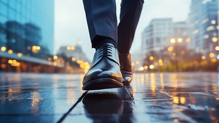 Fototapeta premium A Businessman Walks Through a Rainy City at Night
