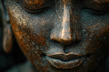 Serene bronze Buddha face, eyes closed, expressing peace and tranquility.