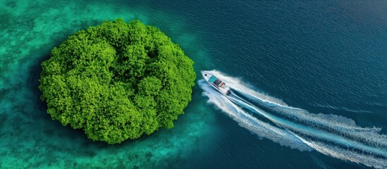 Aerial view of a lush green island surrounded by clear blue water, with a boat leaving a wake as it travels nearby.