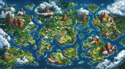 Colorful island map, detailed landscape, fantasy world, exploration