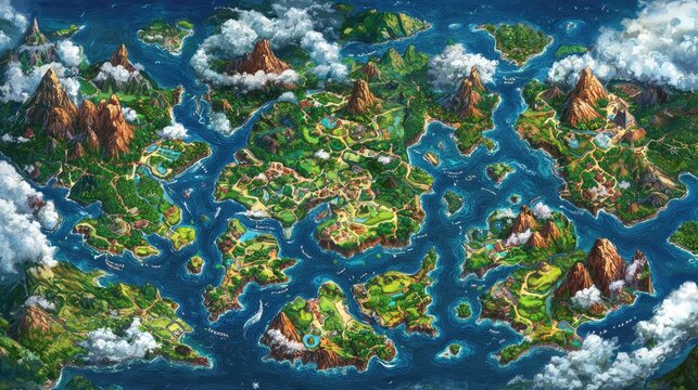 Fototapeta Colorful island map, detailed landscape, fantasy world, exploration