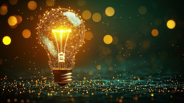 Glowing Light Bulb with Sparkling Connections and Bokeh Background for Creative Concepts
