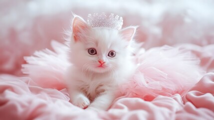 Adorable White Kitten in Pink Tutu and Crown