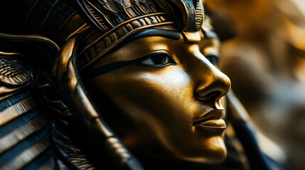 Ancient Egyptian Pharaoh Statue in Gold Color with Detailed Ornamentation