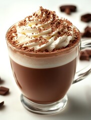 Hot chocolate with whipped cream and chocolate shavings in a glass mug