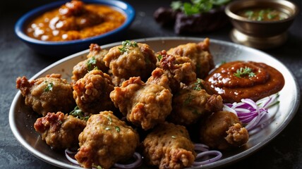  an image of pakoras with sauce and chatni
