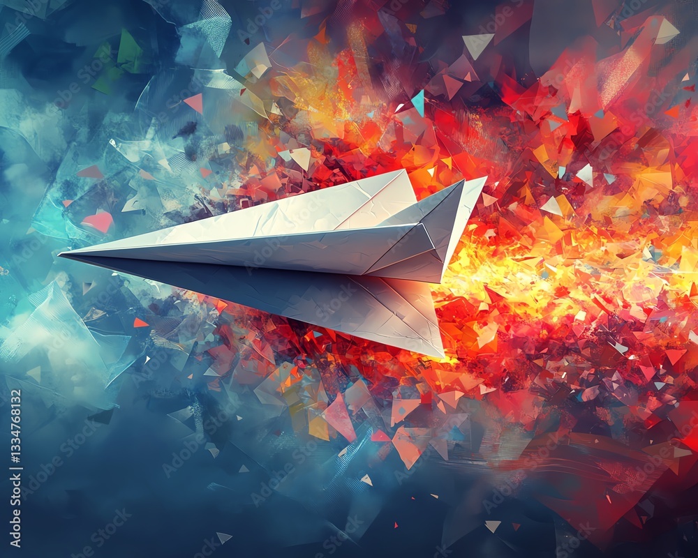 Aufkleber a dynamic and vibrant paper airplane in flight, surrounded by color bursts and digital elements, sym