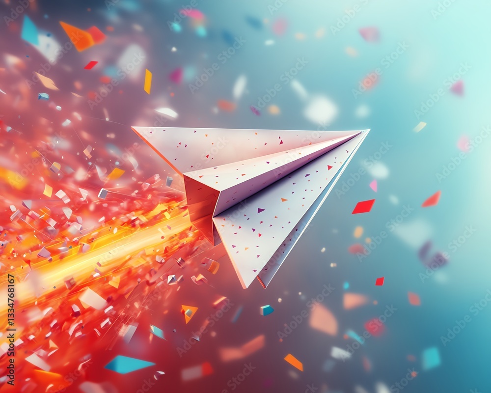 Aufkleber a dynamic and vibrant paper airplane in flight, surrounded by color bursts and digital elements, sym