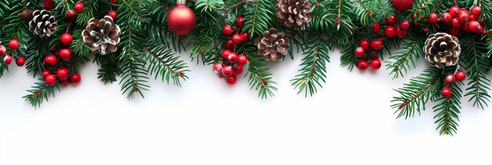 Festive Holiday Border with Evergreen Branches, Shiny Red Baubles, and Natural Pine Cones on a White Background, Overhead View
