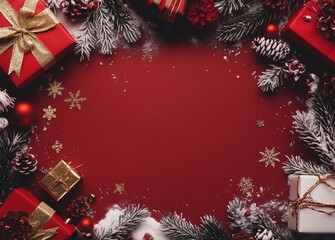 Festive Holiday Background with Snow-Dusted Pine Branches, Pinecones, and Wrapped Gifts Adorning a Rich Red Surface with Copy Space