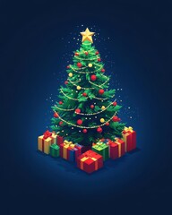 Colorful Christmas Tree with Wrapped Gifts on a Dark Background