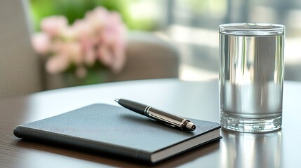 Closeup of Gray Notebook Pen and Glass of Water on Wooden Desk