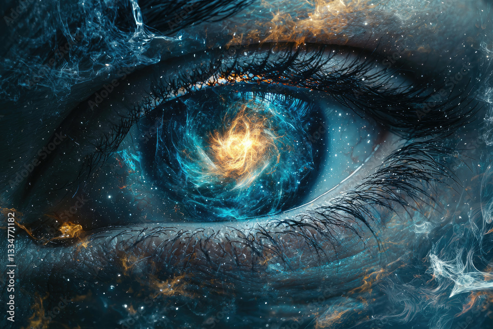 Aufkleber a cosmic nebula swirls within a human eye, symbolizing the vastness of the universe within us.