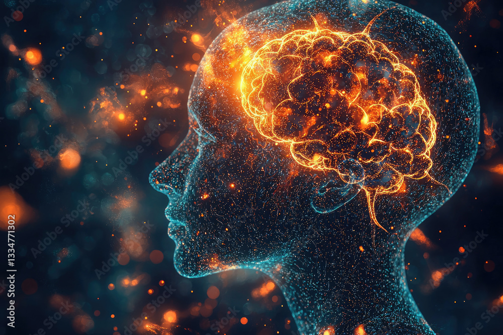 Poster glowing brain within a digital head, representing intelligence, neural network, and cognitive proces