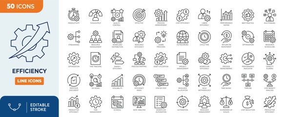 Efficiency icon set. Containing productivity, optimization, resource utilization, effectiveness, streamlining, time management, and more. Outline Icon Collection. Vector illustration. Editable stroke	