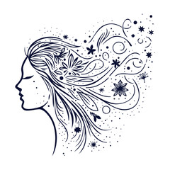 Modern Mother’s Outline with Flowing Hair and Artistic Floral