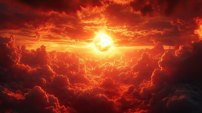 Dramatic sunset sky filled with billowing clouds illuminated in vibrant shades of orange, - Powered by Adobe