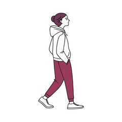 Minimalist Line Art of a Young Woman Walking with a Backpack .