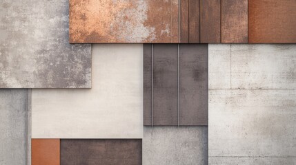 Fototapeta premium Abstract geometric composition of concrete and metal slabs in rustic earth tones. Moodboard finishes for designers
