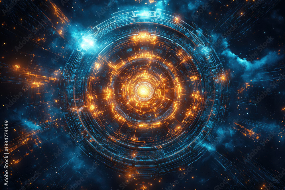 Poster futuristic spaceship portal, glowing orange and blue, in deep space with nebulae.