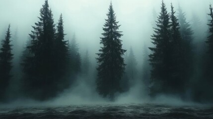 Misty Forest, Dark Trees, Fog
