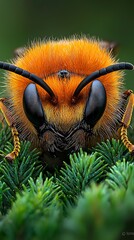 A close up shot of a furry bee on green foliage