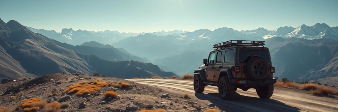 Off road vehicle navigating a rugged mountain track under the bright sun, surrounded by pristine nature and breathtaking views, scenic drive, off-the-beaten-path