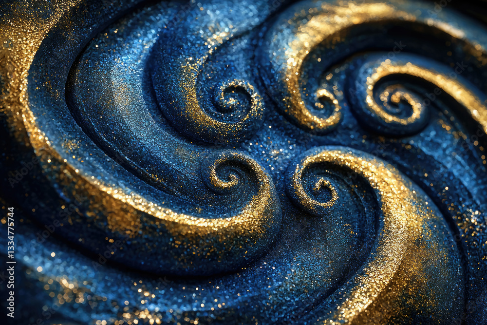 Poster Abstract swirling texture with glittering blue and gold, creating a luxurious and mesmerizing visual effect.