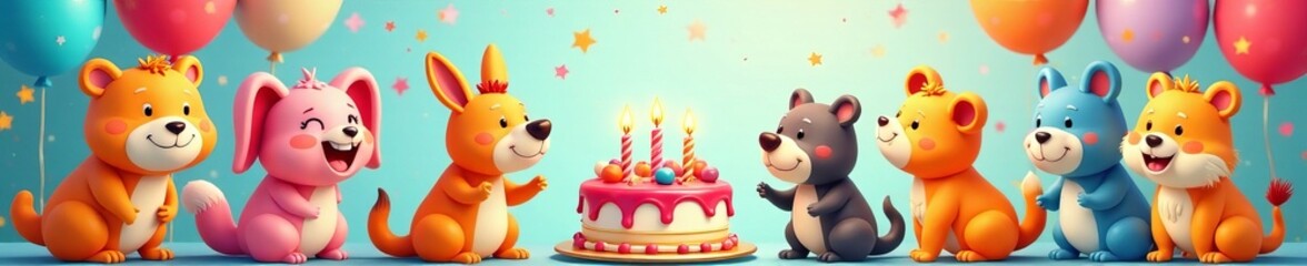 Obraz premium Colorful cartoon animals celebrating with balloons and cake, animals, cake, cartoon