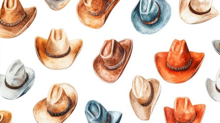 Watercolor illustration of a western rodeo pattern, isolated on a crisp white background. 