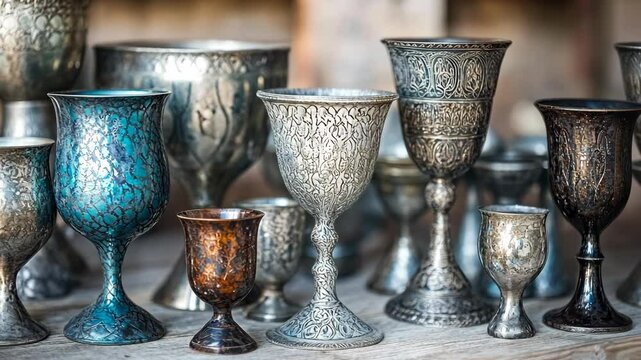 Collection of ornate metallic goblets displayed on a wooden shelf with intricate detailing and varying sizes and colors