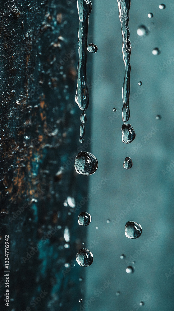 Poster close-up of water droplets falling from a textured surface, showcasing transparency and fluidity, sy