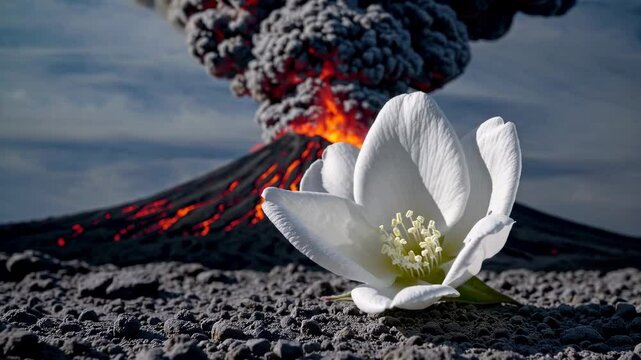 White flower on volcanic ash with erupting volcano in background, nature paradox
