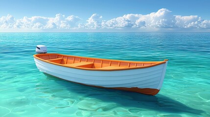 Naklejka premium Serene Motorboat Floating on Clear Blue Water Under a Bright Sky with Fluffy Clouds