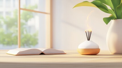 A serene setting featuring an open book, a plant, and an incense holder, creating a calming atmosphere with natural light streaming in.