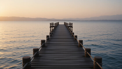 Obraz premium Wooden jetty extending into serene waters at sunset, creating a calming coastal experience