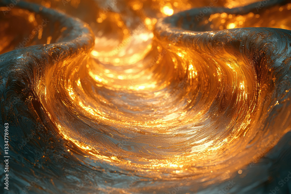 Poster glowing golden liquid swirls in a mesmerizing, abstract wave pattern.