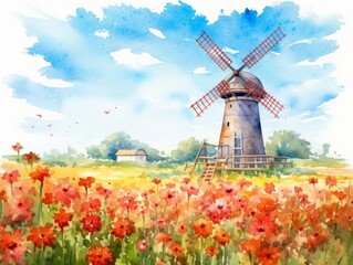 Serene Watercolor Painting of an Old Windmill Surrounded by Wildflowers in a Field